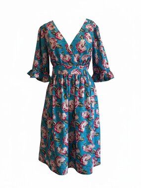 Betsey Johnson Blue Rose Floral Faux Wrap Ruffle Dress Size 12  Feminine Betsey